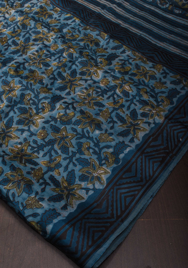 Indigo Vanaspati Hand Block Print on Modal Silk Saree