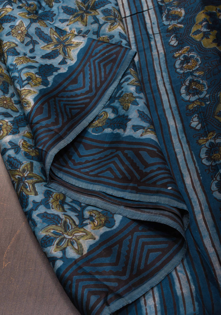 Indigo Vanaspati Hand Block Print on Modal Silk Saree