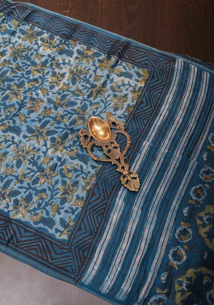 Indigo Vanaspati Hand Block Print on Modal Silk Saree
