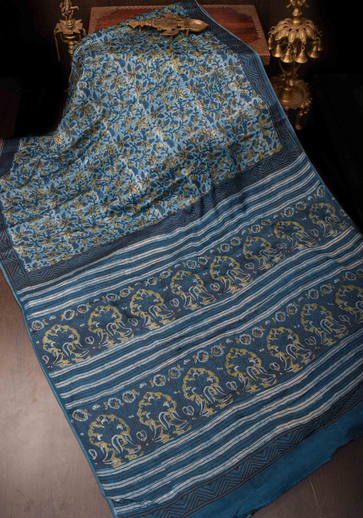 Indigo Vanaspati Hand Block Print on Modal Silk Saree