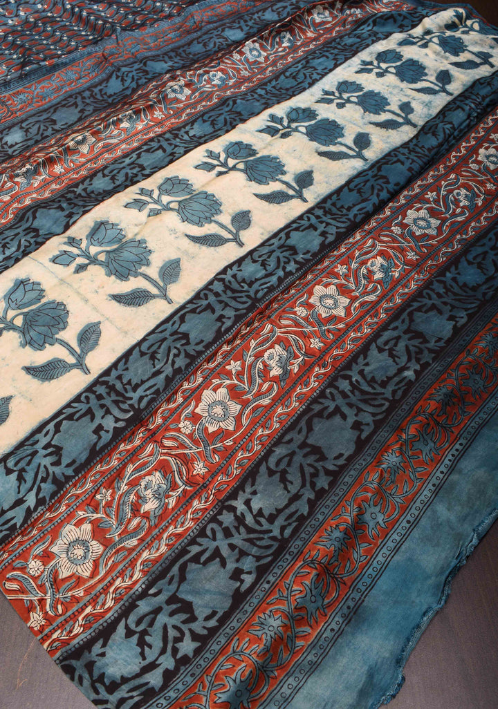 Vanaspati Print Hand Block Print Modal Silk Saree in Tealish Blue