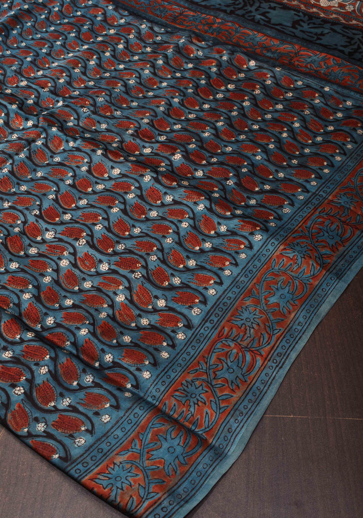Vanaspati Print Hand Block Print Modal Silk Saree in Tealish Blue
