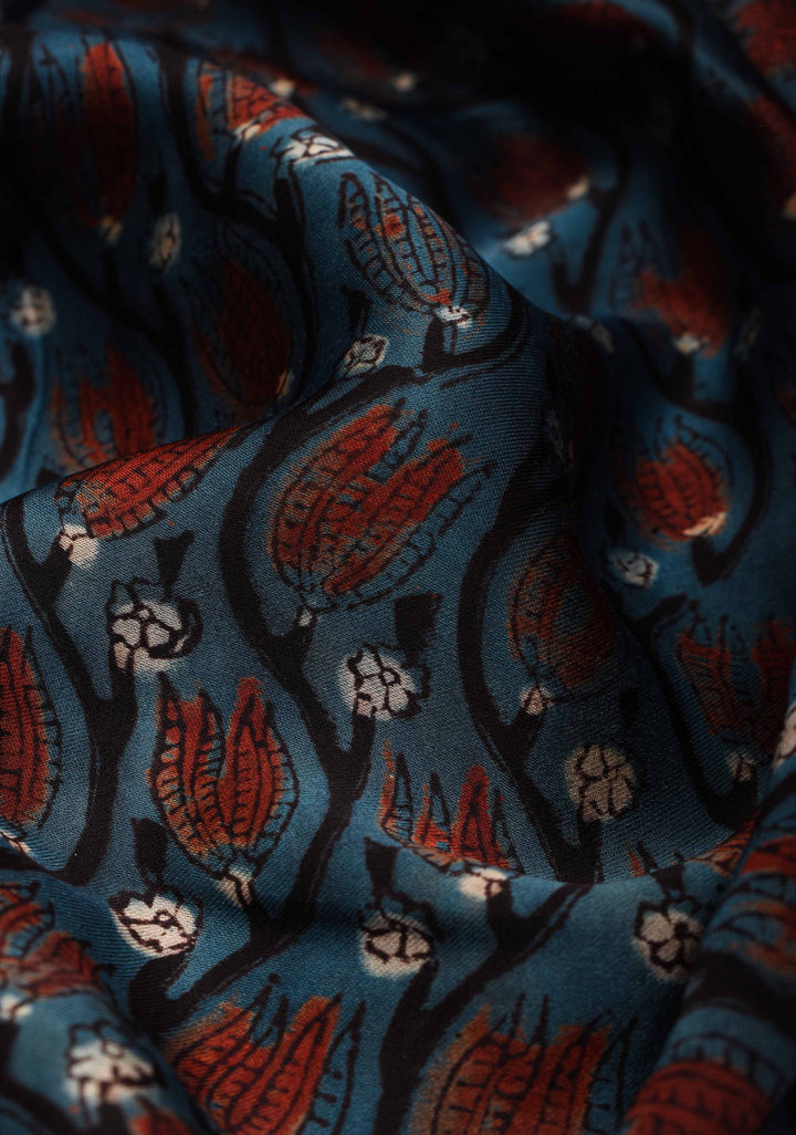Vanaspati Print Hand Block Print Modal Silk Saree in Tealish Blue