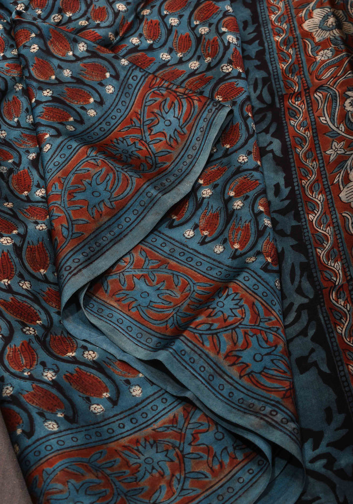 Vanaspati Print Hand Block Print Modal Silk Saree in Tealish Blue