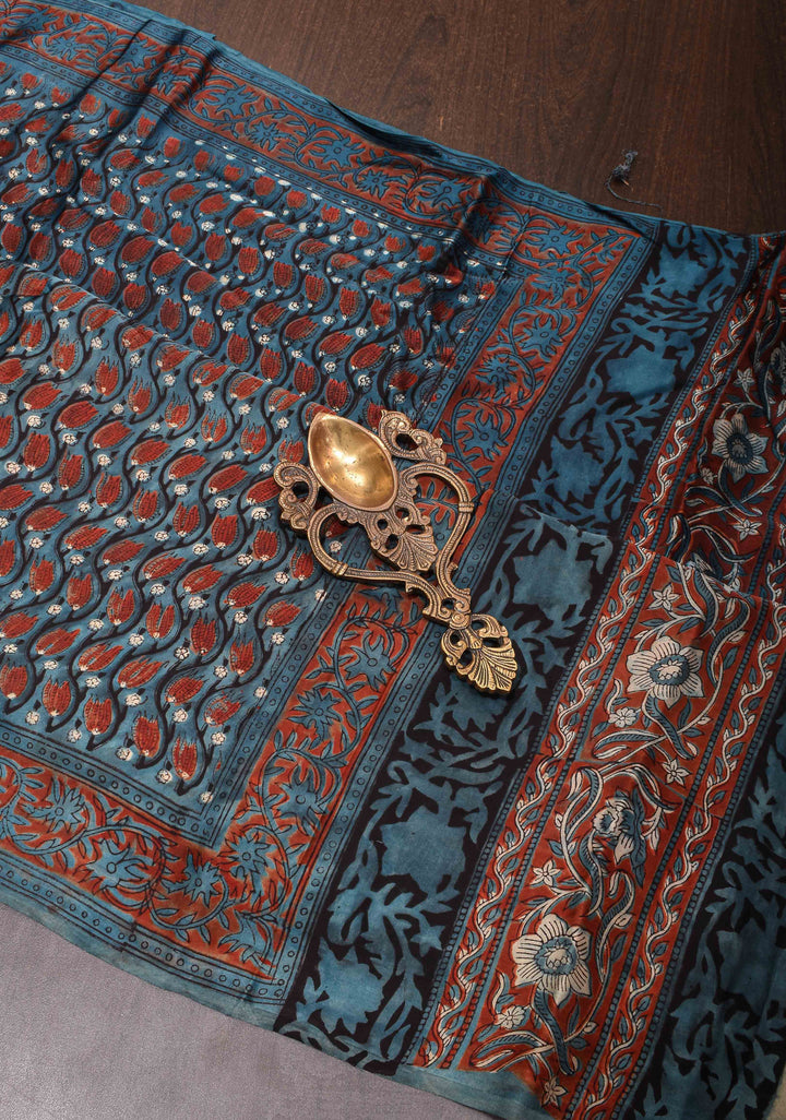 Vanaspati Print Hand Block Print Modal Silk Saree in Tealish Blue