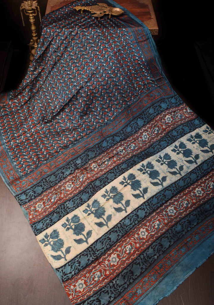Vanaspati Print Hand Block Print Modal Silk Saree in Tealish Blue