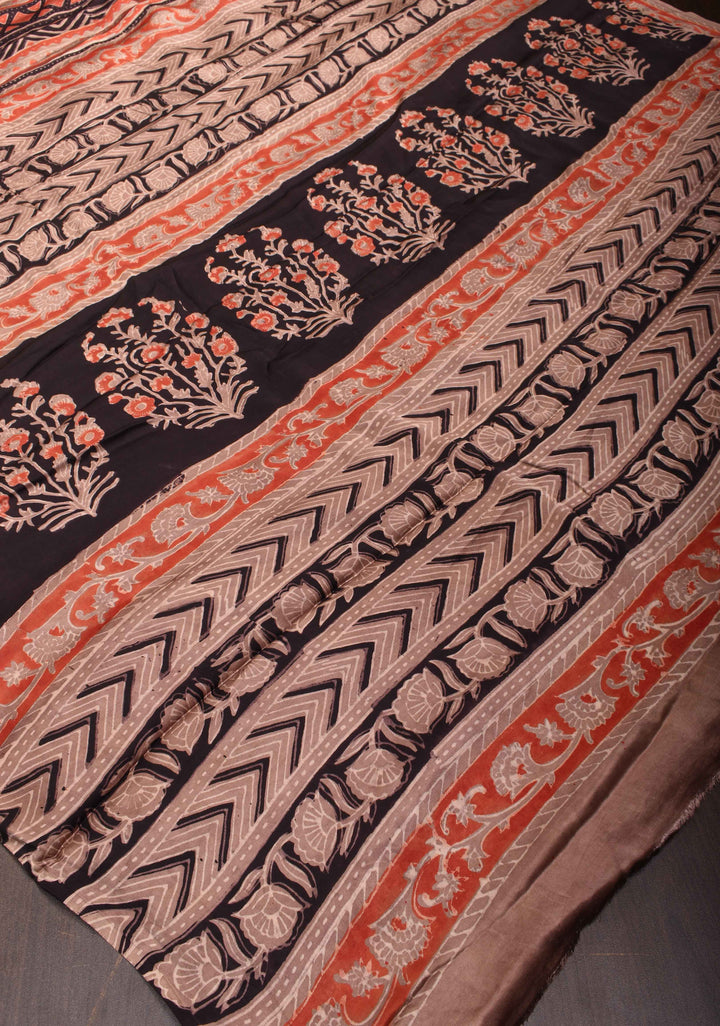 Vanaspati Print in Brick Red Hand Block Print on Modal Silk Saree