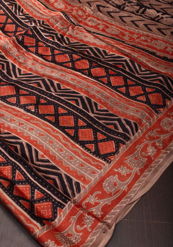 Vanaspati Print in Brick Red Hand Block Print on Modal Silk Saree