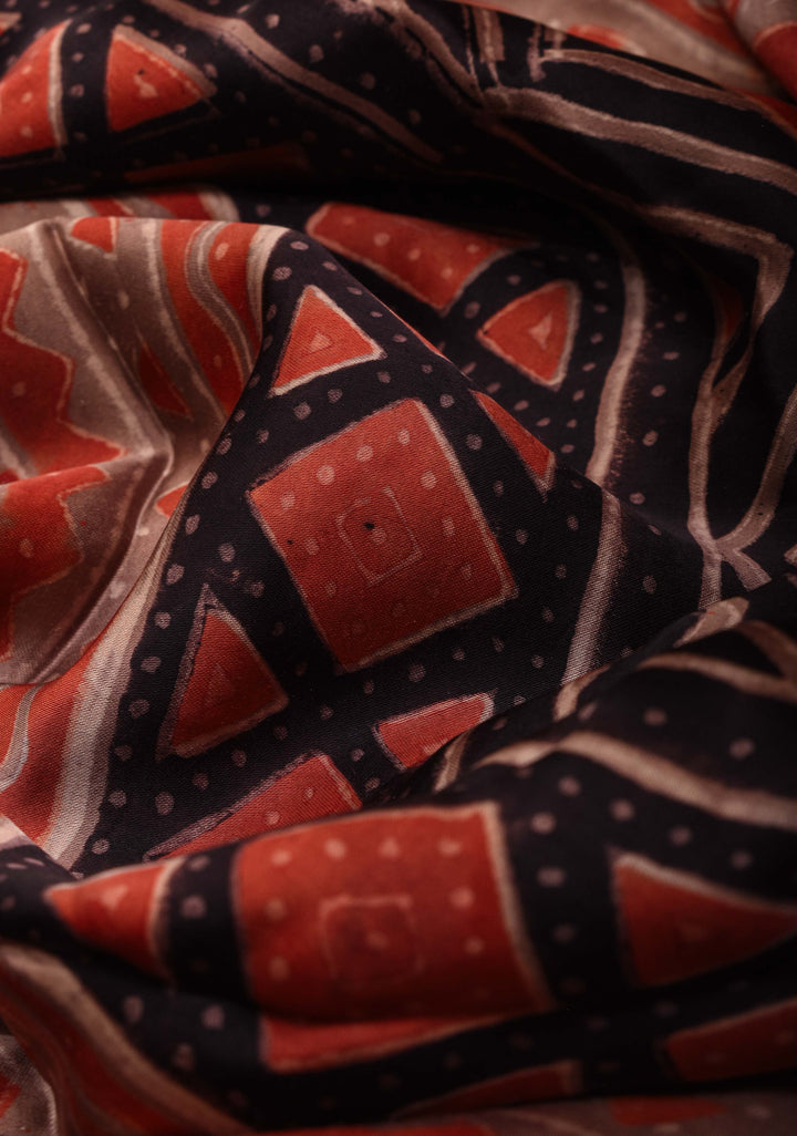 Vanaspati Print in Brick Red Hand Block Print on Modal Silk Saree