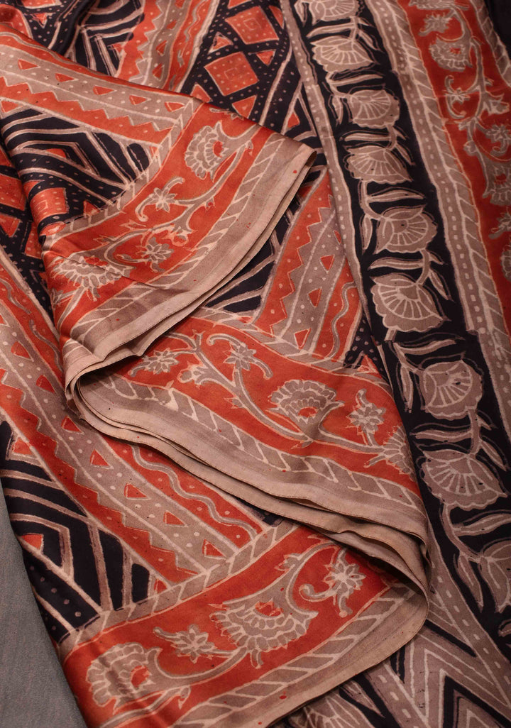 Vanaspati Print in Brick Red Hand Block Print on Modal Silk Saree