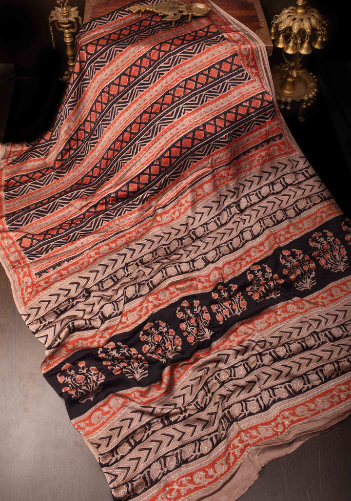 Vanaspati Print in Brick Red Hand Block Print on Modal Silk Saree