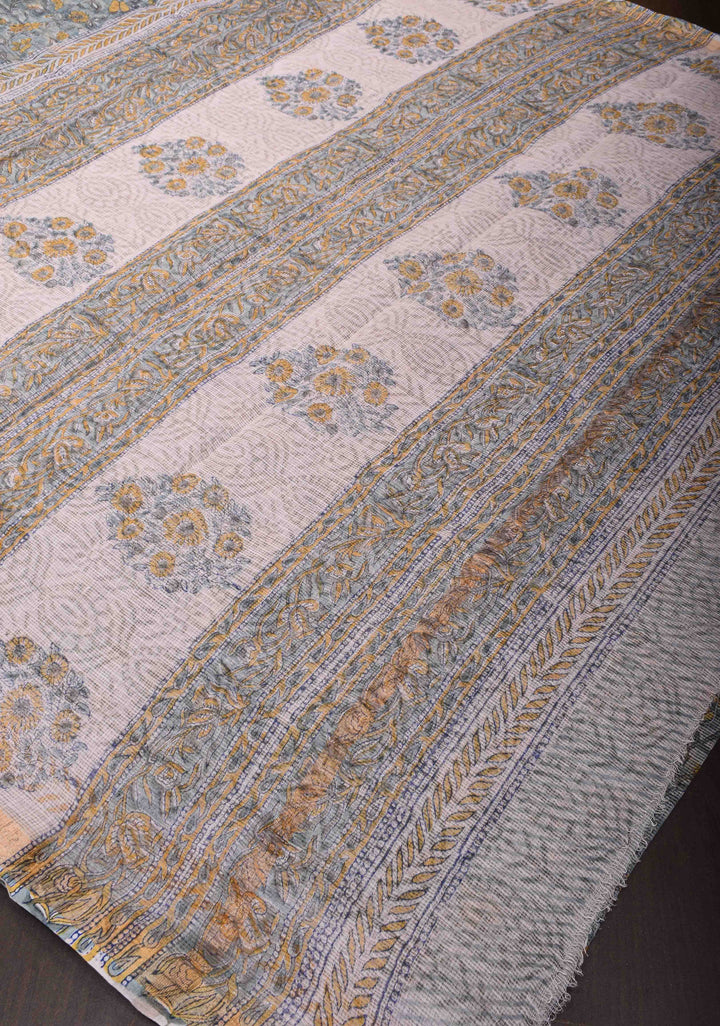 Powder Blue Kota Doria Cotton Saree with Sanganeri Hand Block Print and Zari Border
