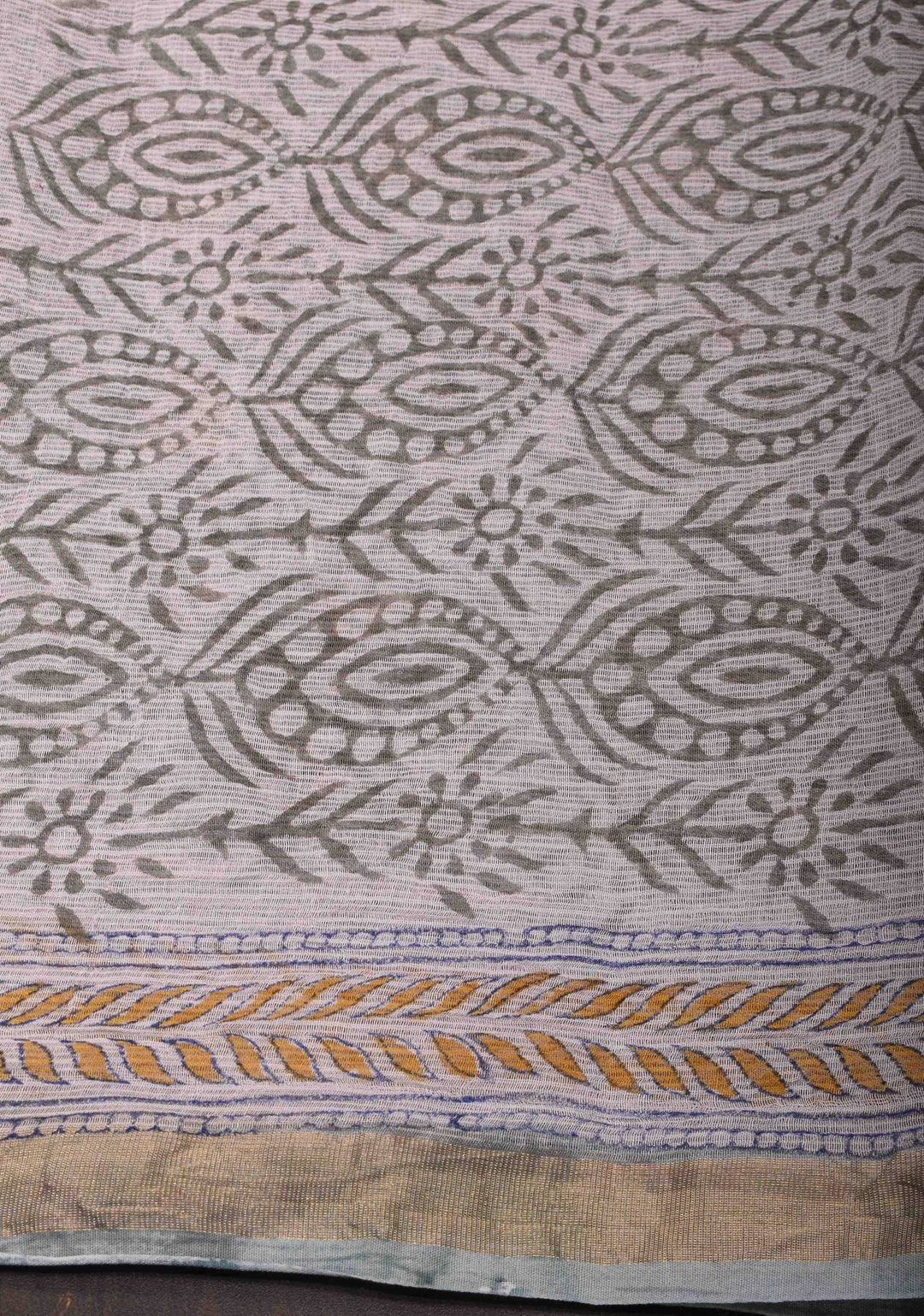 Powder Blue Kota Doria Cotton Saree with Sanganeri Hand Block Print and Zari Border