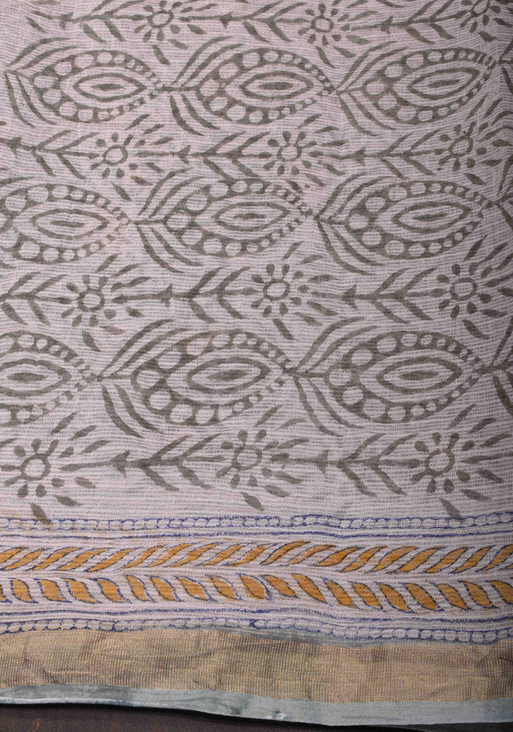 Powder Blue Kota Doria Cotton Saree with Sanganeri Hand Block Print and Zari Border