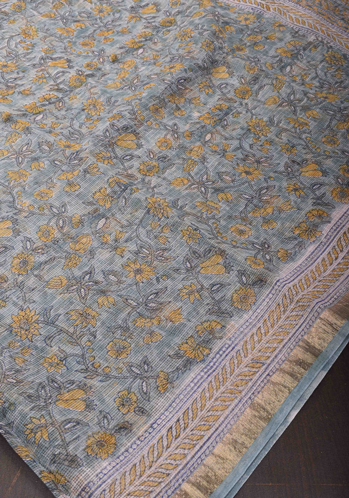 Powder Blue Kota Doria Cotton Saree with Sanganeri Hand Block Print and Zari Border