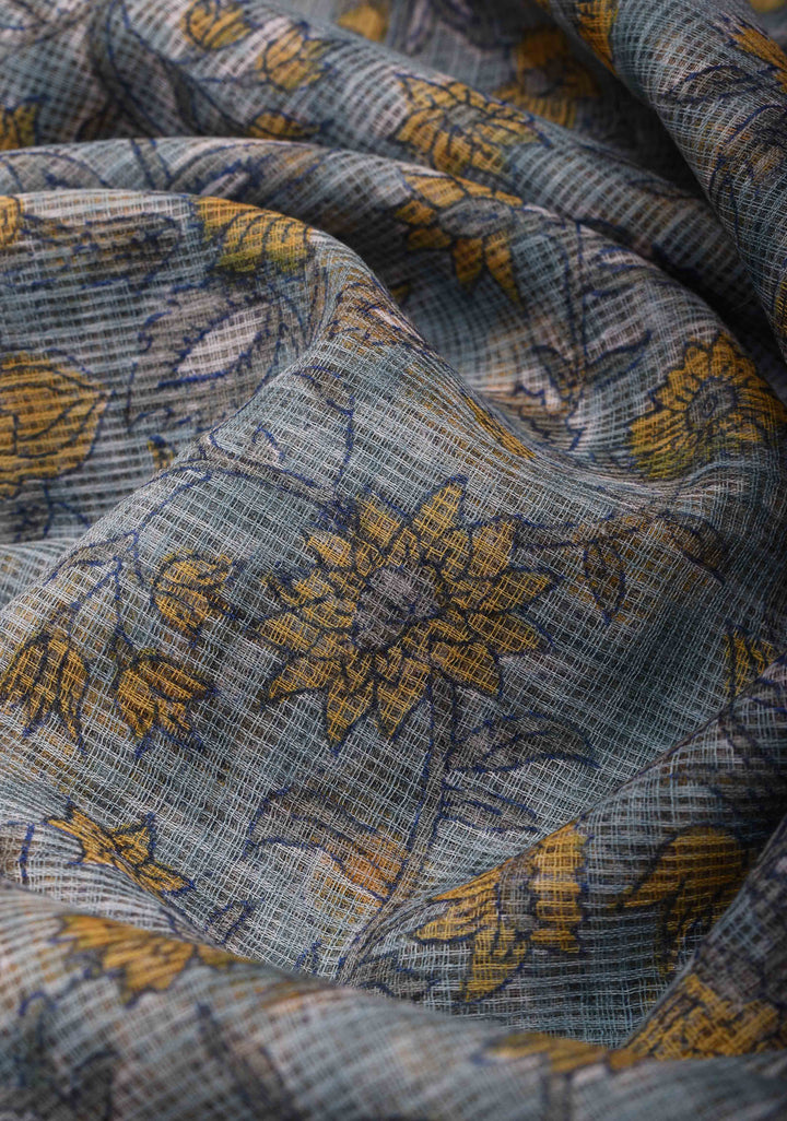 Powder Blue Kota Doria Cotton Saree with Sanganeri Hand Block Print and Zari Border