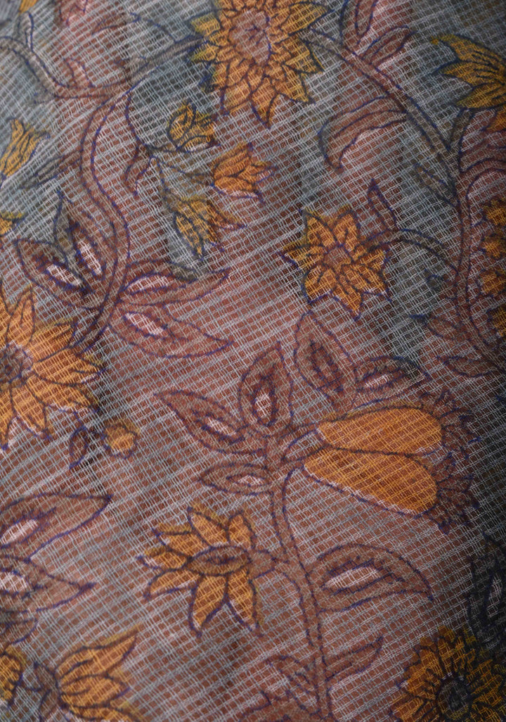 Powder Blue Kota Doria Cotton Saree with Sanganeri Hand Block Print and Zari Border