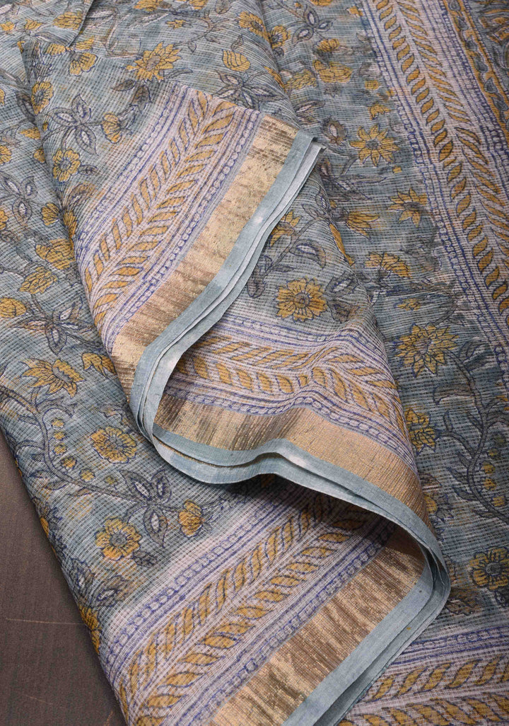 Powder Blue Kota Doria Cotton Saree with Sanganeri Hand Block Print and Zari Border