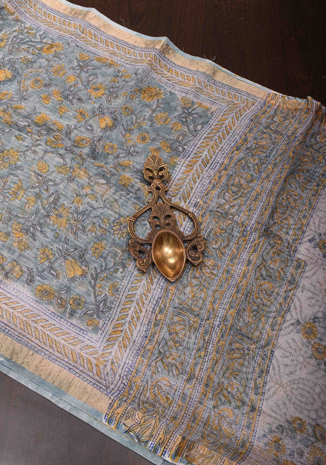 Powder Blue Kota Doria Cotton Saree with Sanganeri Hand Block Print and Zari Border