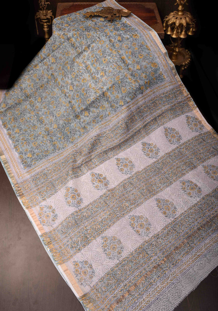 Powder Blue Kota Doria Cotton Saree with Sanganeri Hand Block Print and Zari Border