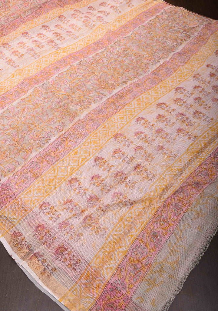 Dusty Gray Kota Doria Cotton Saree with Sanganeri Hand Block Print and minimal Zari border