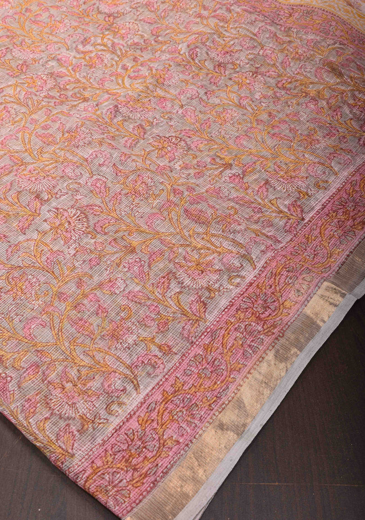 Dusty Gray Kota Doria Cotton Saree with Sanganeri Hand Block Print and minimal Zari border