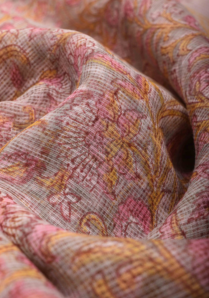 Dusty Gray Kota Doria Cotton Saree with Sanganeri Hand Block Print and minimal Zari border