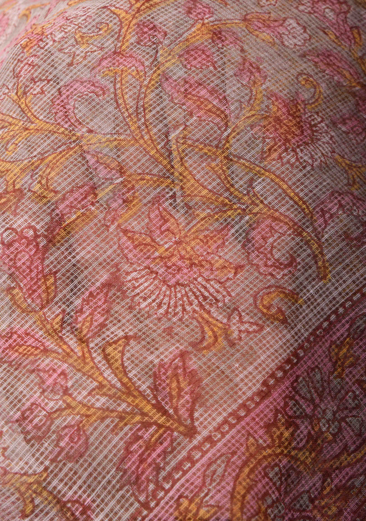 Dusty Gray Kota Doria Cotton Saree with Sanganeri Hand Block Print and minimal Zari border