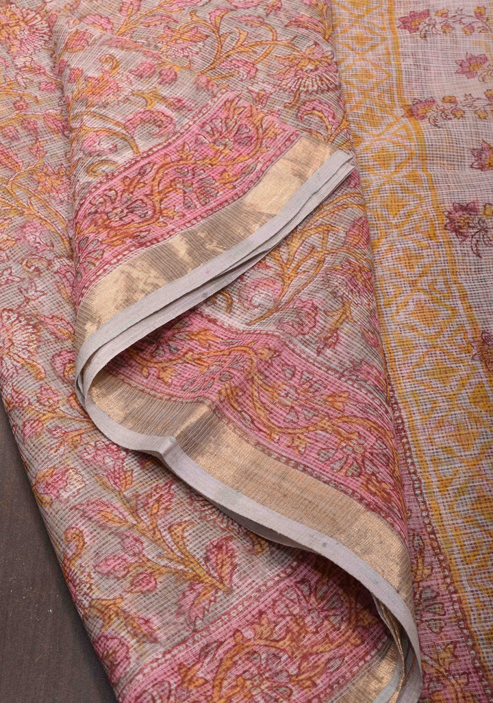 Dusty Gray Kota Doria Cotton Saree with Sanganeri Hand Block Print and minimal Zari border