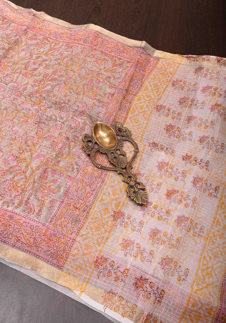 Dusty Gray Kota Doria Cotton Saree with Sanganeri Hand Block Print and minimal Zari border