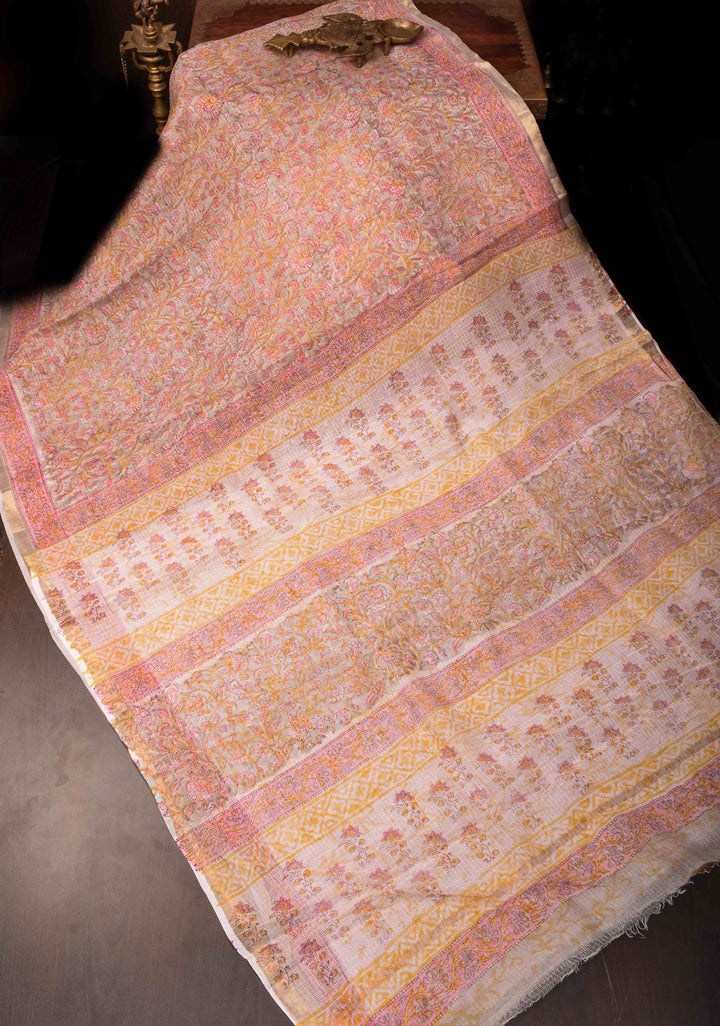 Dusty Gray Kota Doria Cotton Saree with Sanganeri Hand Block Print and minimal Zari border