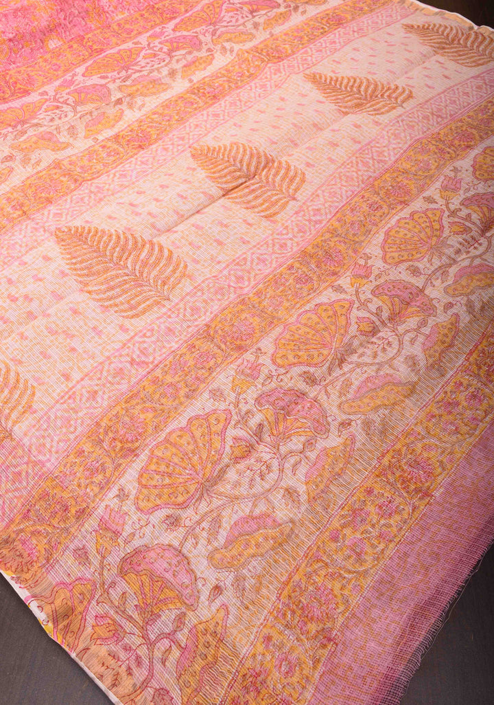 Pink Kota Doria Cotton Saree with Sanganeri Hand Block Print