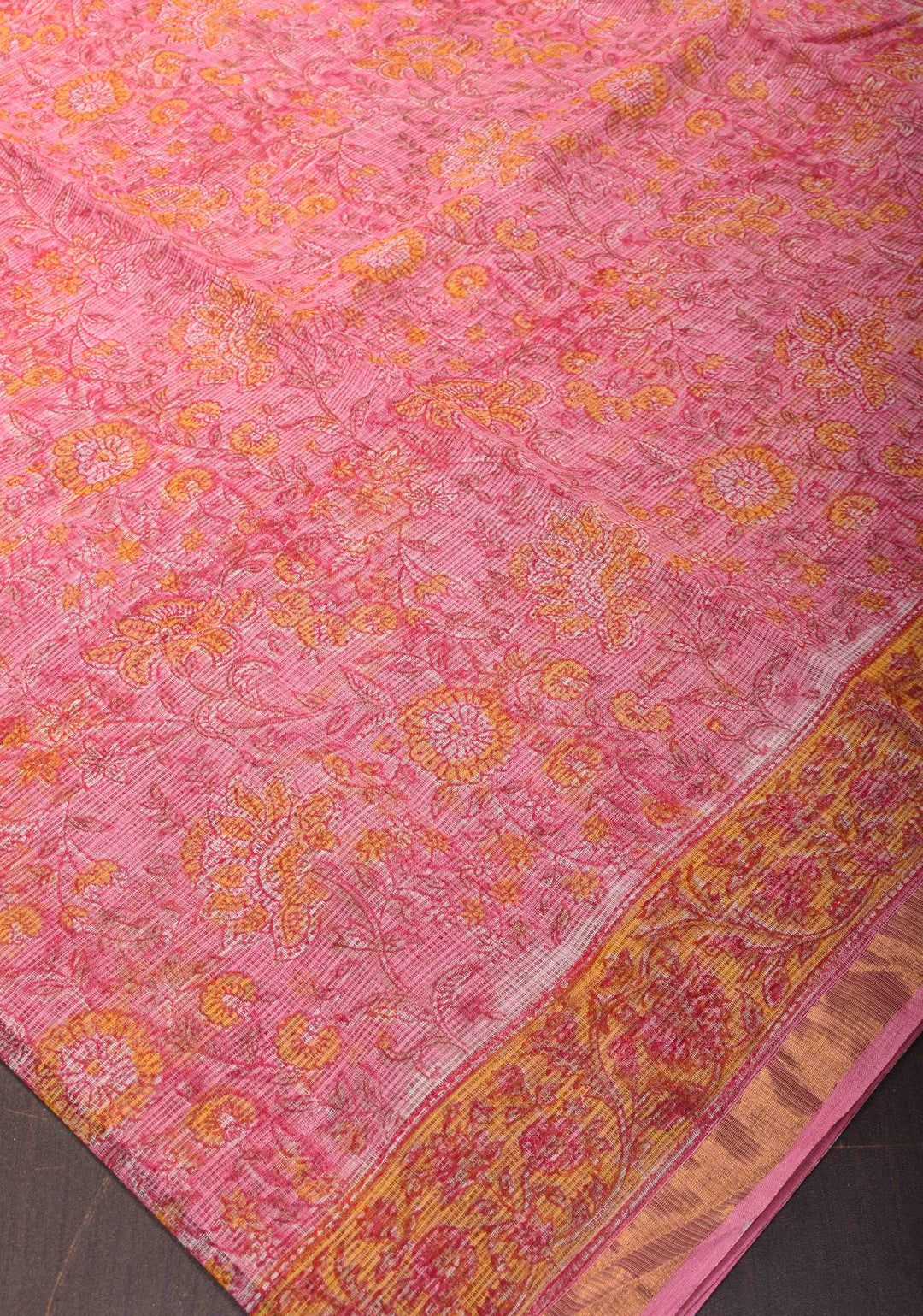 Pink Kota Doria Cotton Saree with Sanganeri Hand Block Print