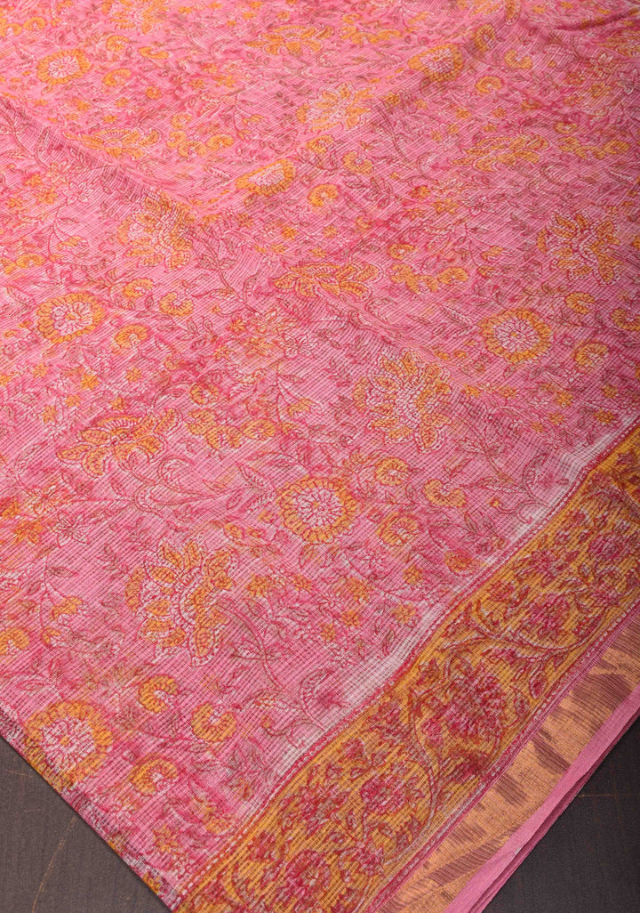 Pink Kota Doria Cotton Saree with Sanganeri Hand Block Print