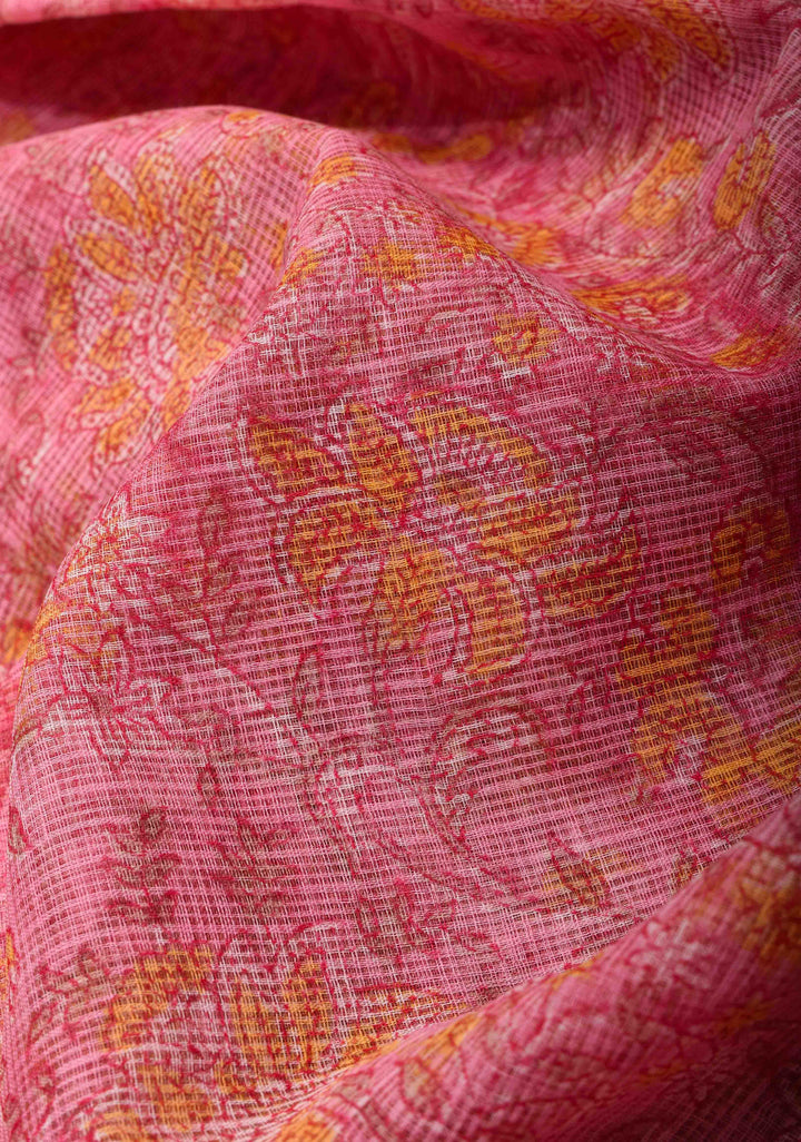 Pink Kota Doria Cotton Saree with Sanganeri Hand Block Print