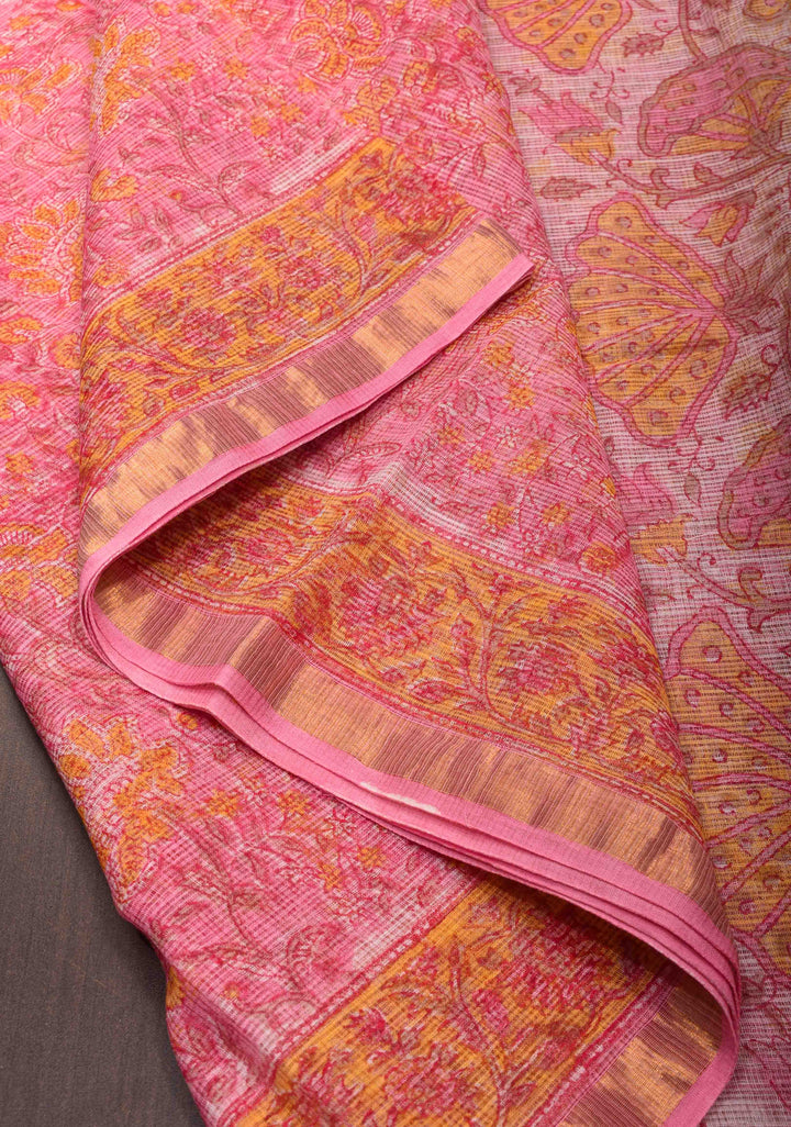 Pink Kota Doria Cotton Saree with Sanganeri Hand Block Print
