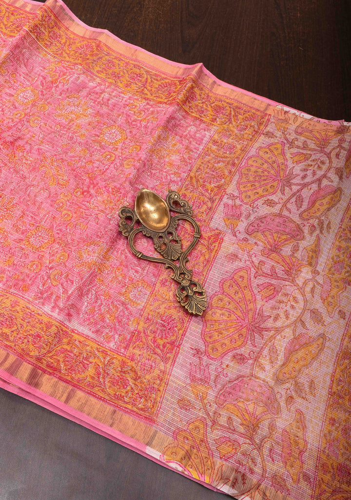 Pink Kota Doria Cotton Saree with Sanganeri Hand Block Print