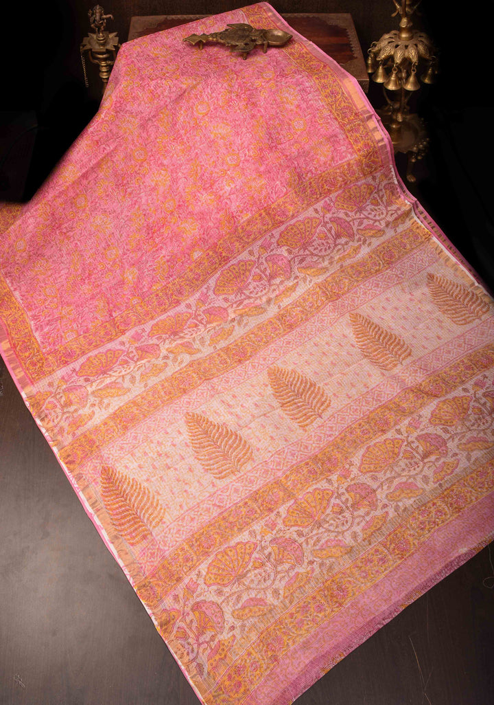 Pink Kota Doria Cotton Saree with Sanganeri Hand Block Print