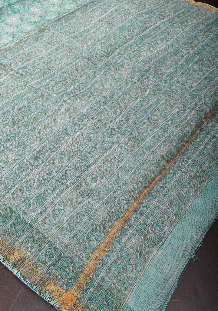 Cyan Kota Doria Cotton Saree with Sanganeri Hand Block Print