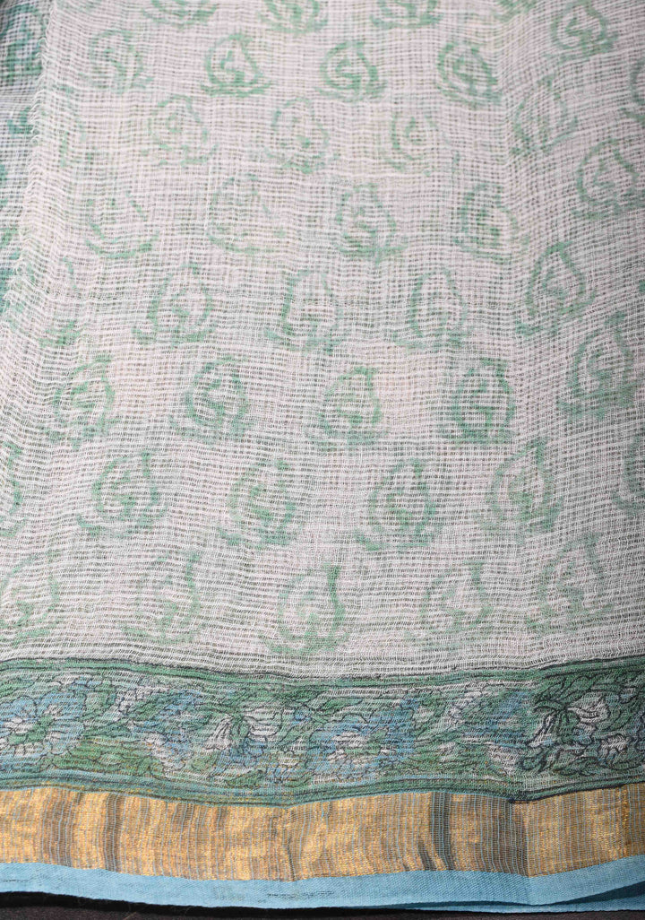 Cyan Kota Doria Cotton Saree with Sanganeri Hand Block Print