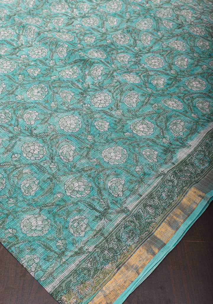 Cyan Kota Doria Cotton Saree with Sanganeri Hand Block Print