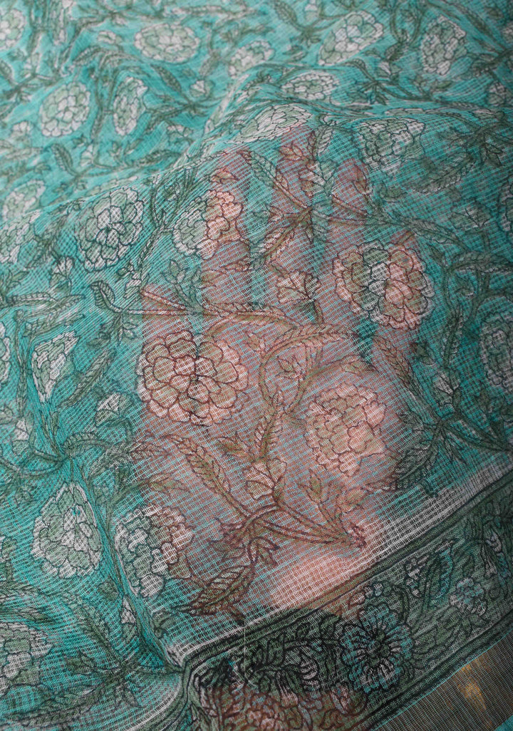 Cyan Kota Doria Cotton Saree with Sanganeri Hand Block Print