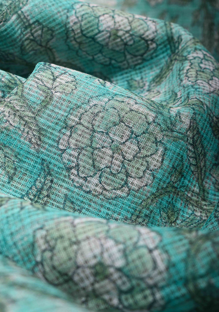 Cyan Kota Doria Cotton Saree with Sanganeri Hand Block Print