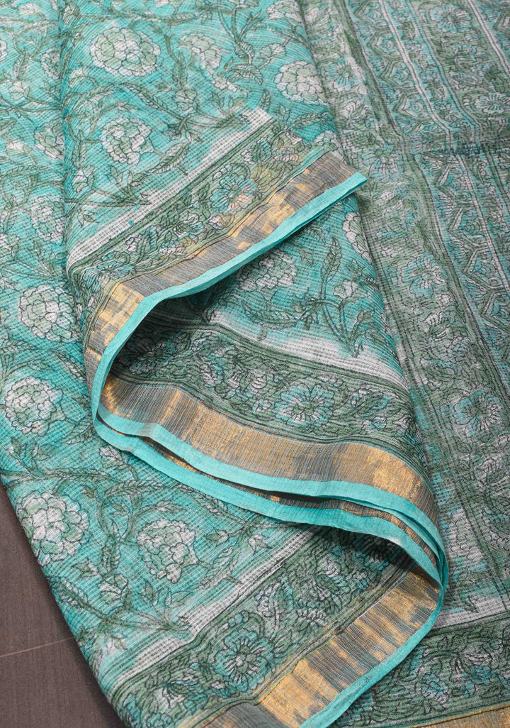 Cyan Kota Doria Cotton Saree with Sanganeri Hand Block Print