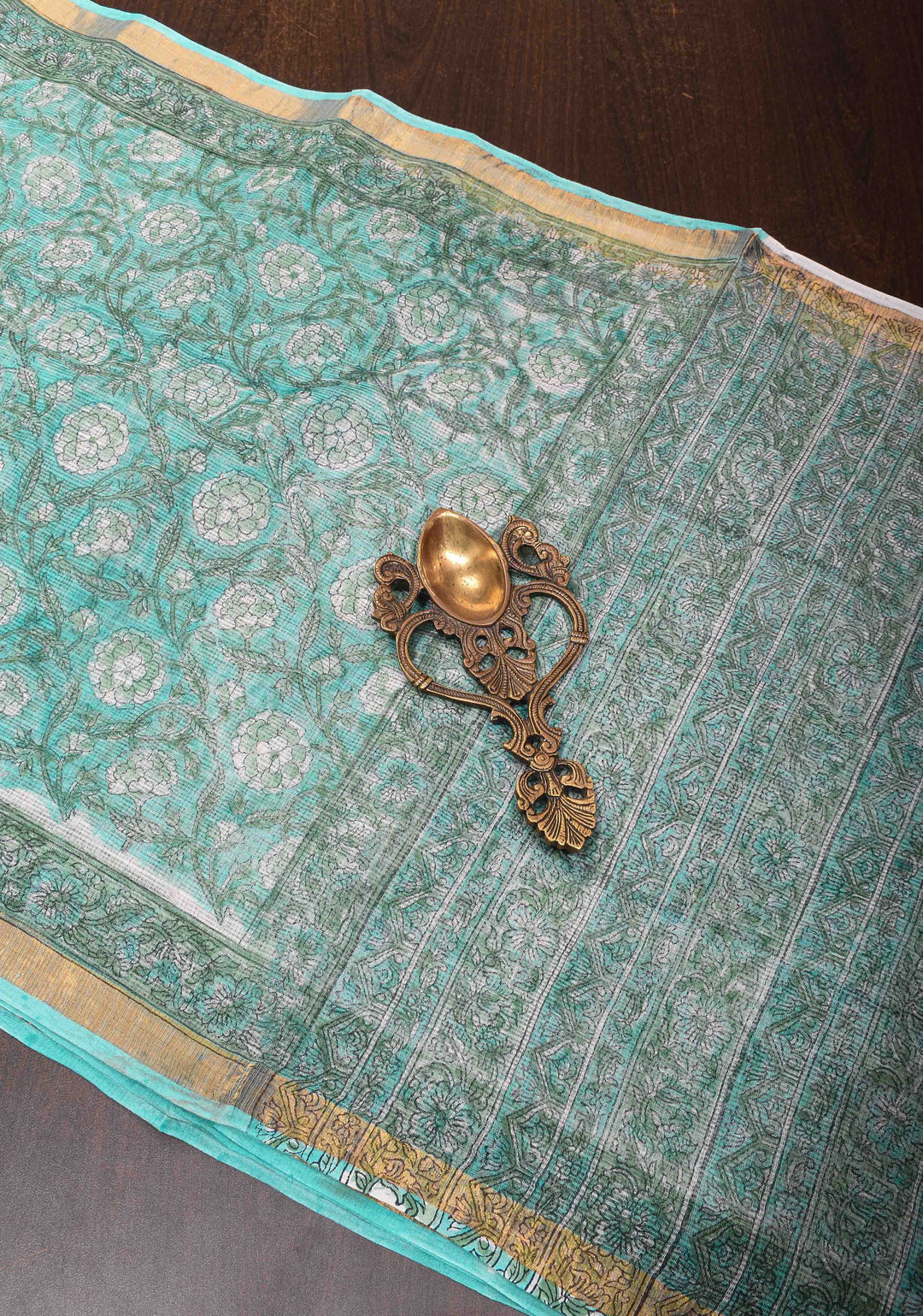 Cyan Kota Doria Cotton Saree with Sanganeri Hand Block Print