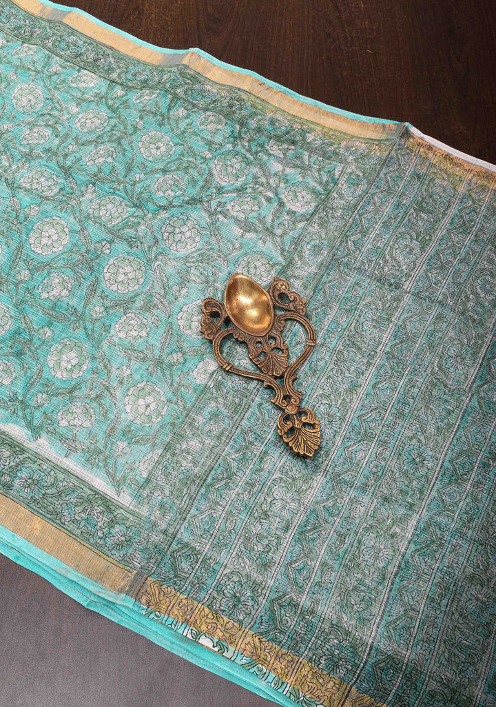 Cyan Kota Doria Cotton Saree with Sanganeri Hand Block Print