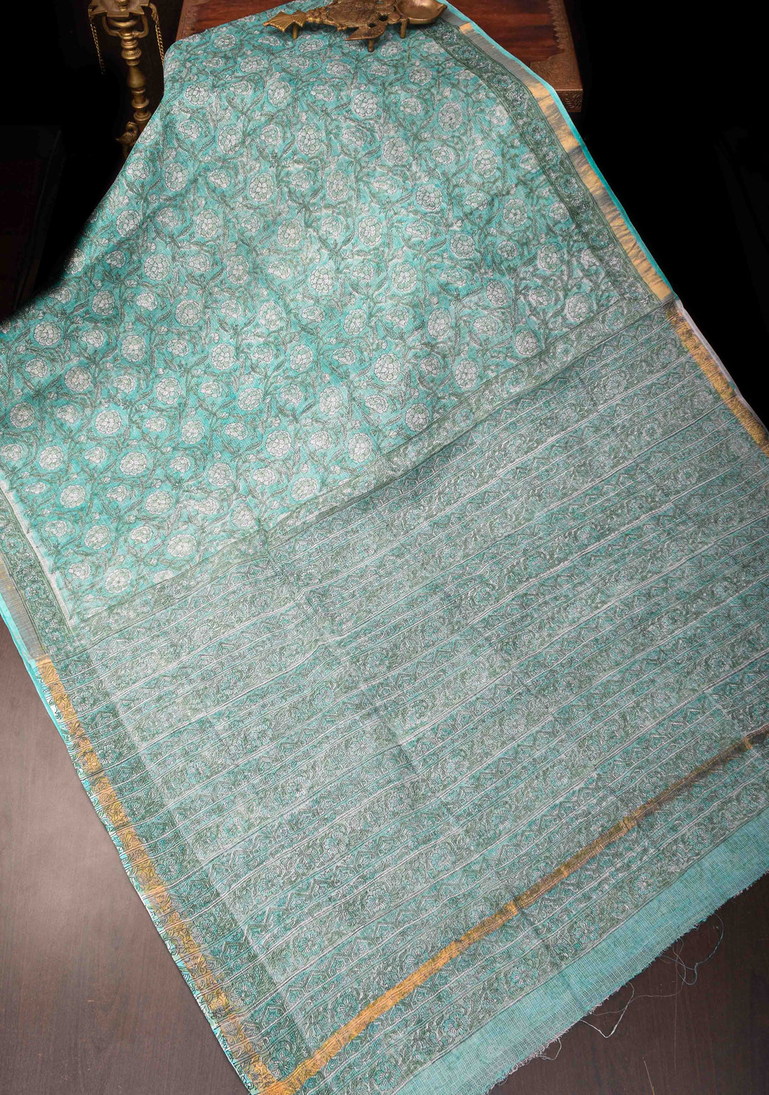 Cyan Kota Doria Cotton Saree with Sanganeri Hand Block Print