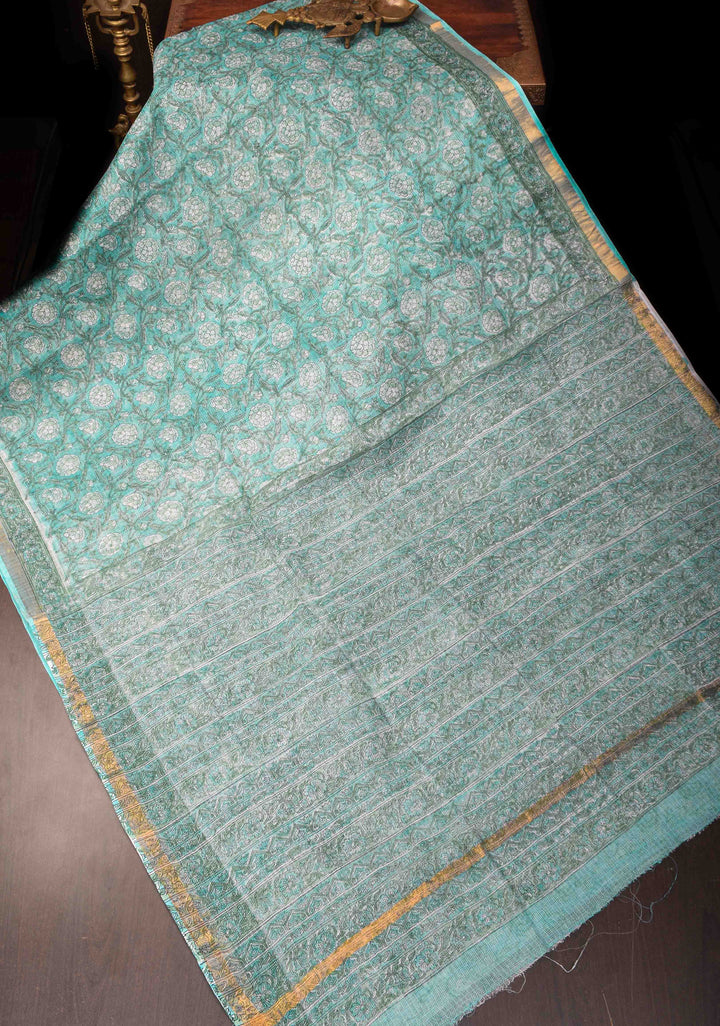 Cyan Kota Doria Cotton Saree with Sanganeri Hand Block Print
