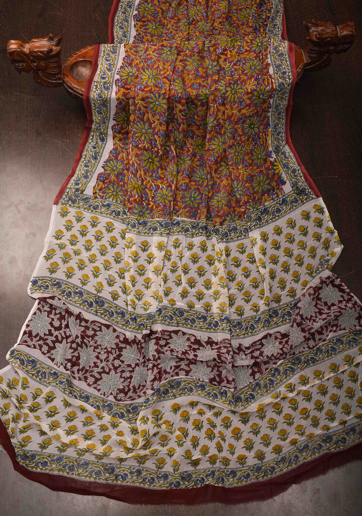 Maroon Georgette Saree with Sanganeri Hand Block Print