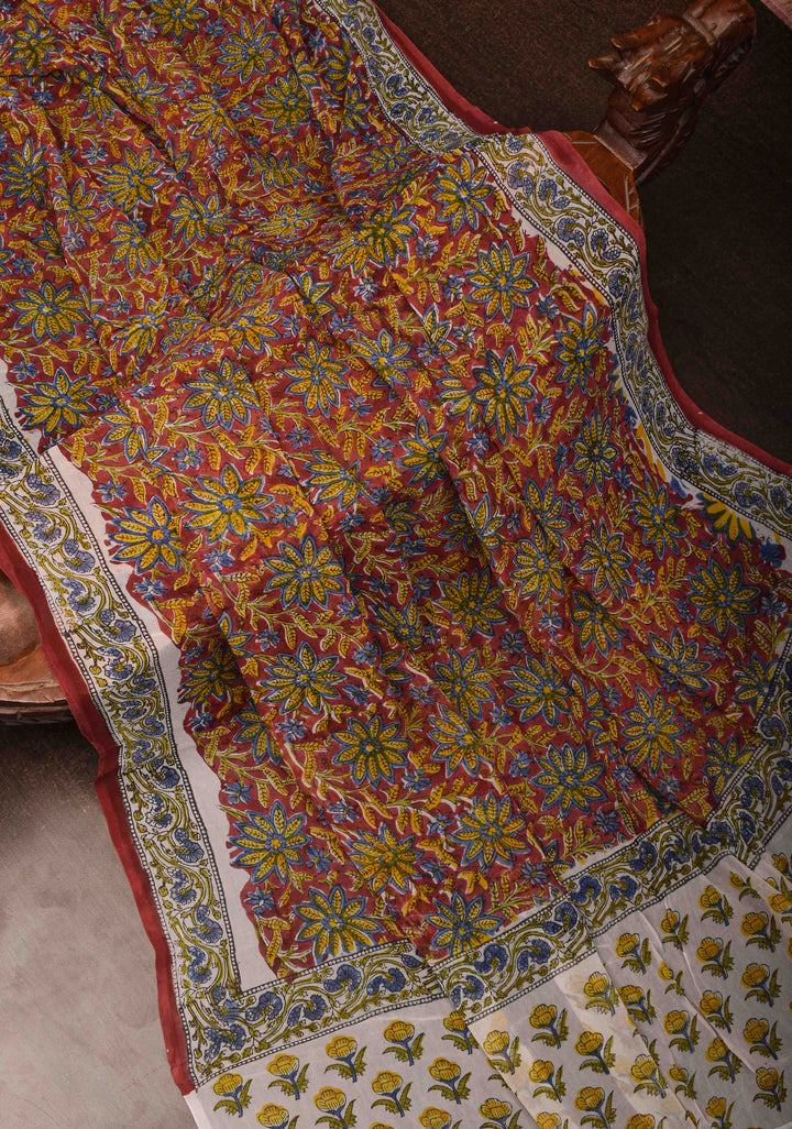 Maroon Georgette Saree with Sanganeri Hand Block Print